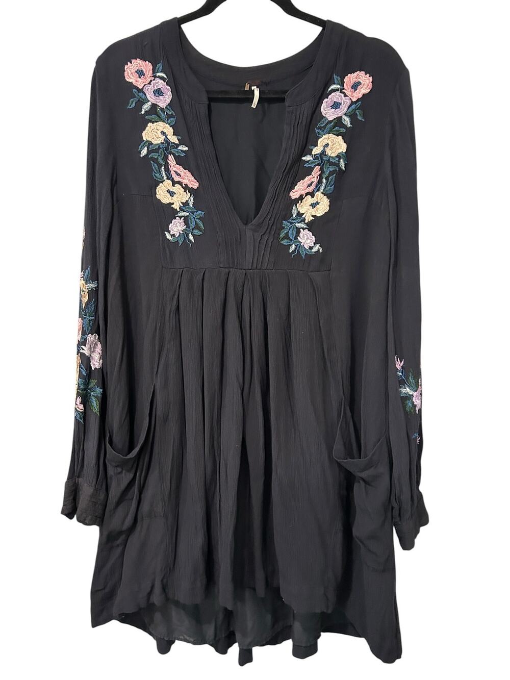 Free People Mia Embroidered Dress Gauze Black Folk Floral Boho Chic Pockets LG